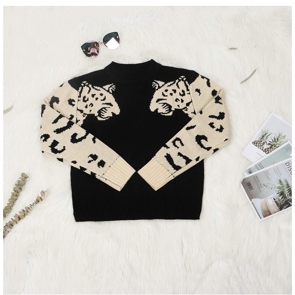 Leopard Printed Knit Pullover Cropped Sweater Tops - Picture 5 of 6